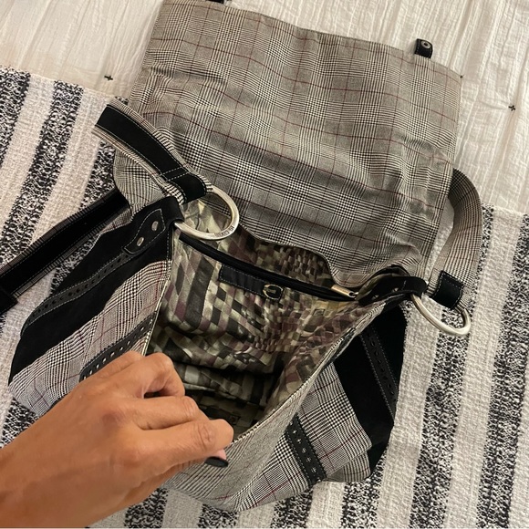 Roberto Cavalli Just Cavalli large laptop briefcase messenger bag black plaid - Picture 10 of 16